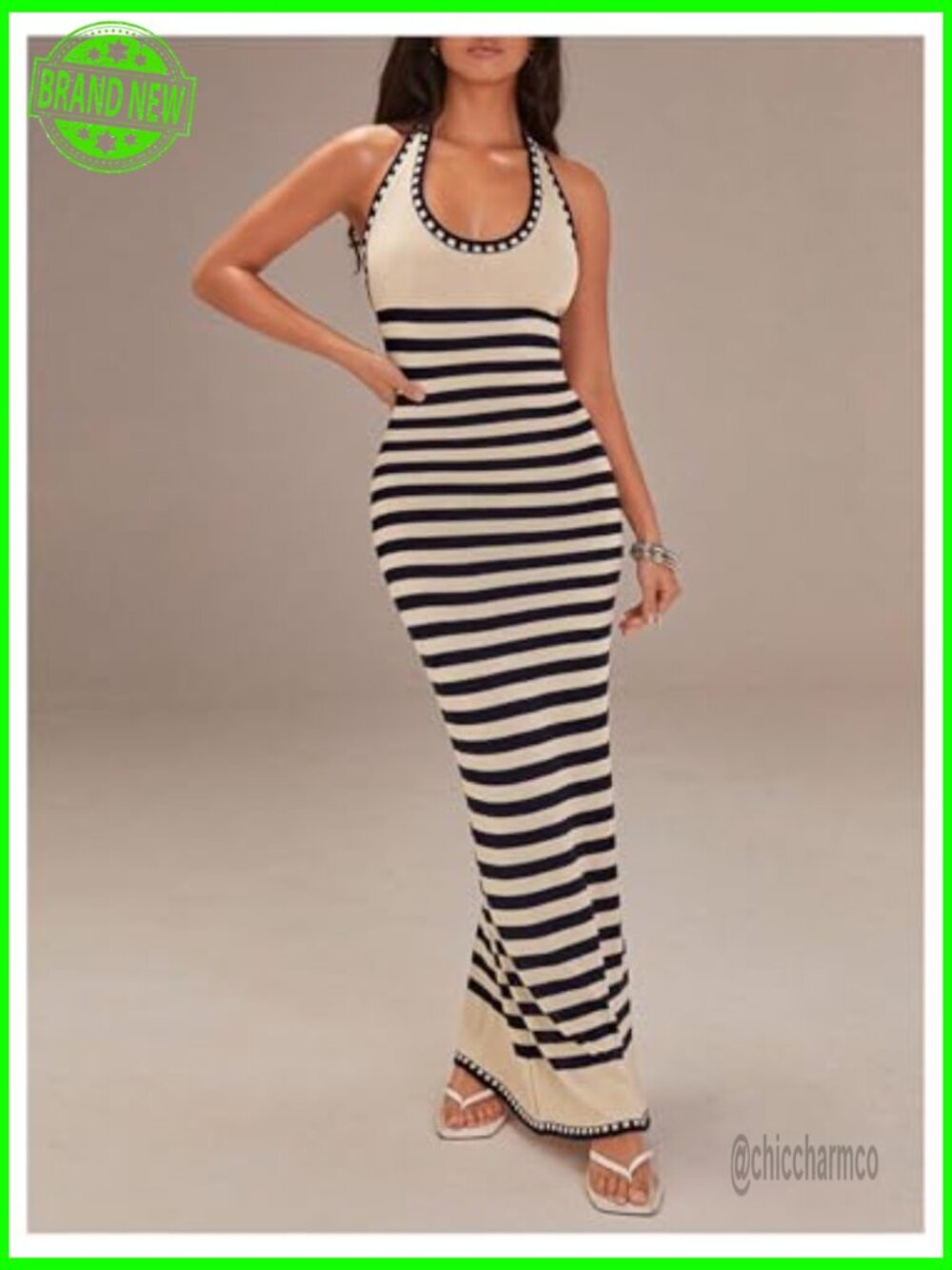 Halter Sleeveless Knitted Striped Maxi Sweater Dress Bodycon - Picture 5 of 5